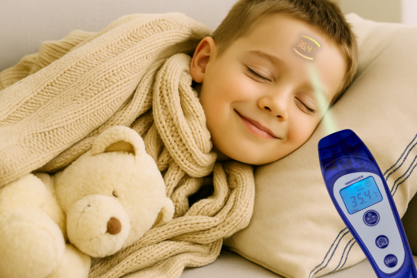Mum checking her child’s temperature in bed using the VisioFocus forehead thermometer, with the digital reading visibly projected on the child's forehead.