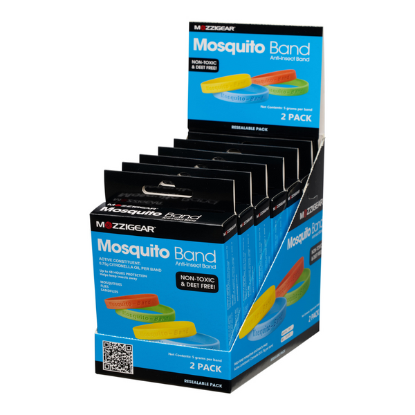 Display of Mozzigear mosquito repellent 2pack mosquito bands adults for camping