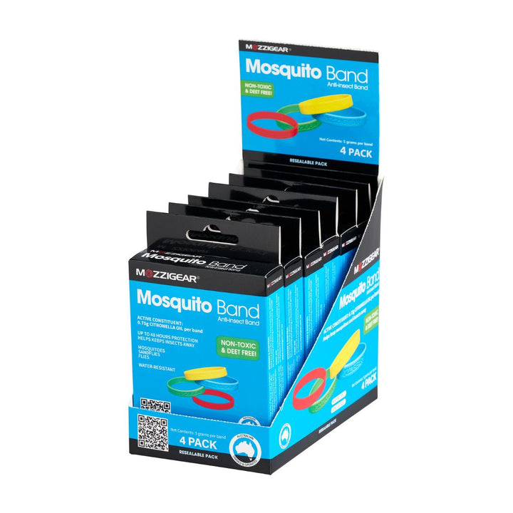 Display of the box Mozzigear mosquito repellent 4 pack mosquito bands adults for fishing