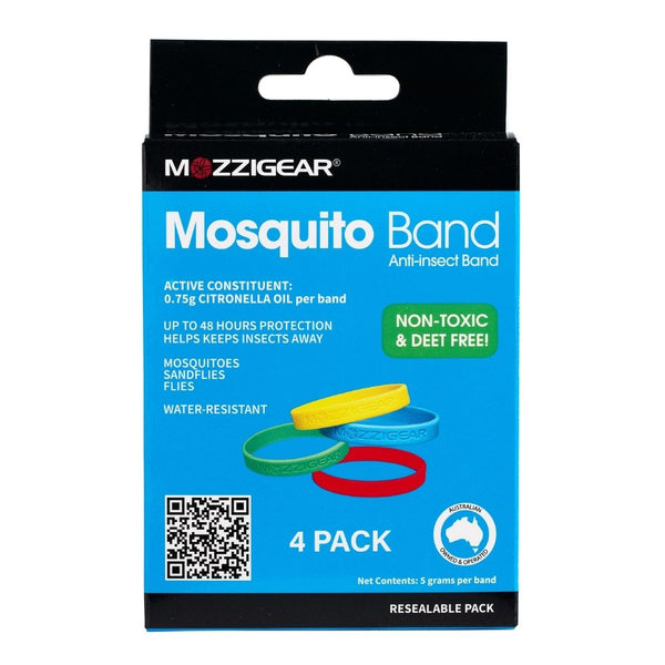 box of Adult 4 pack mosquito wristband band that have citronella oil. It helps keep mosquitoes, sand-flies, midges and insects away