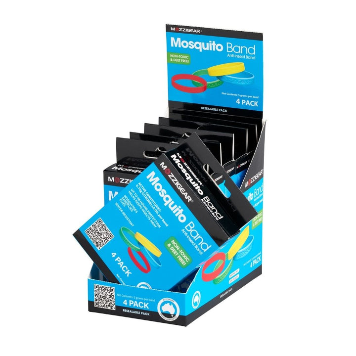 Display of the box Mozzigear mosquito repellent 4 pack mosquito bands adults for fishing